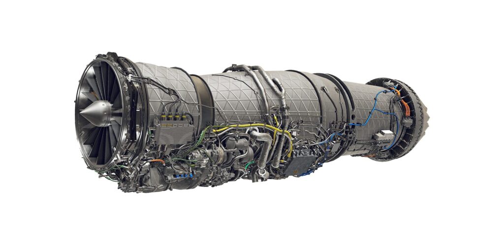 Jet engine, conforming to MS Engine Standards Linecard, isolated on white background, showing detailed internal components and external casing.