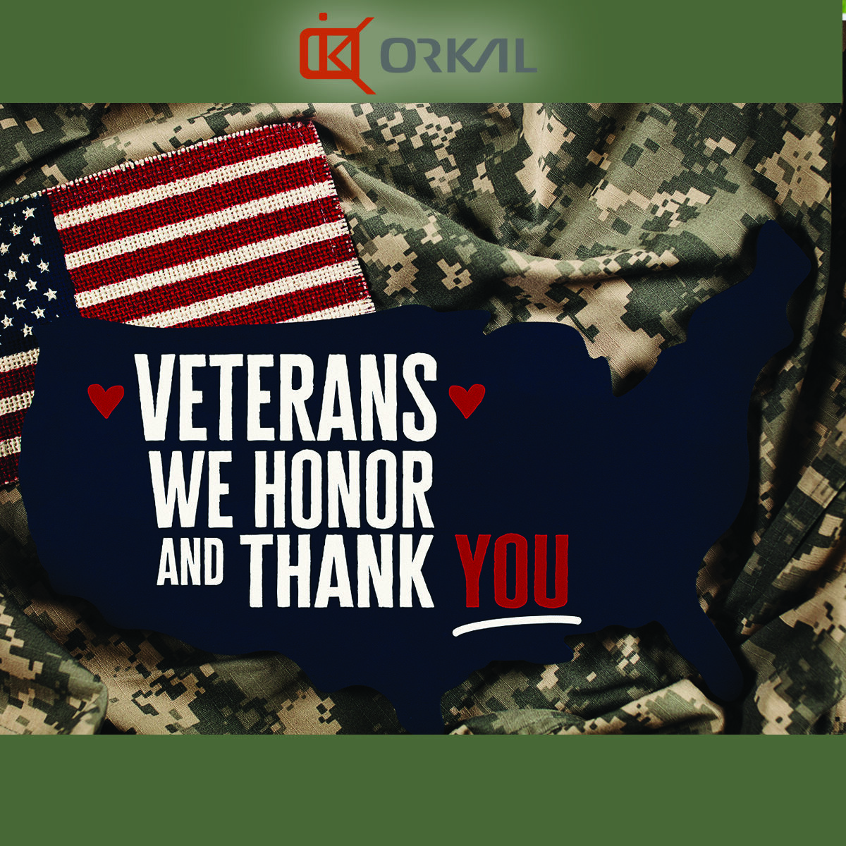 Graphic depicting the U.S. map with text "Veterans Day 2023: We honor and thank you" on a camouflage background with an American flag.