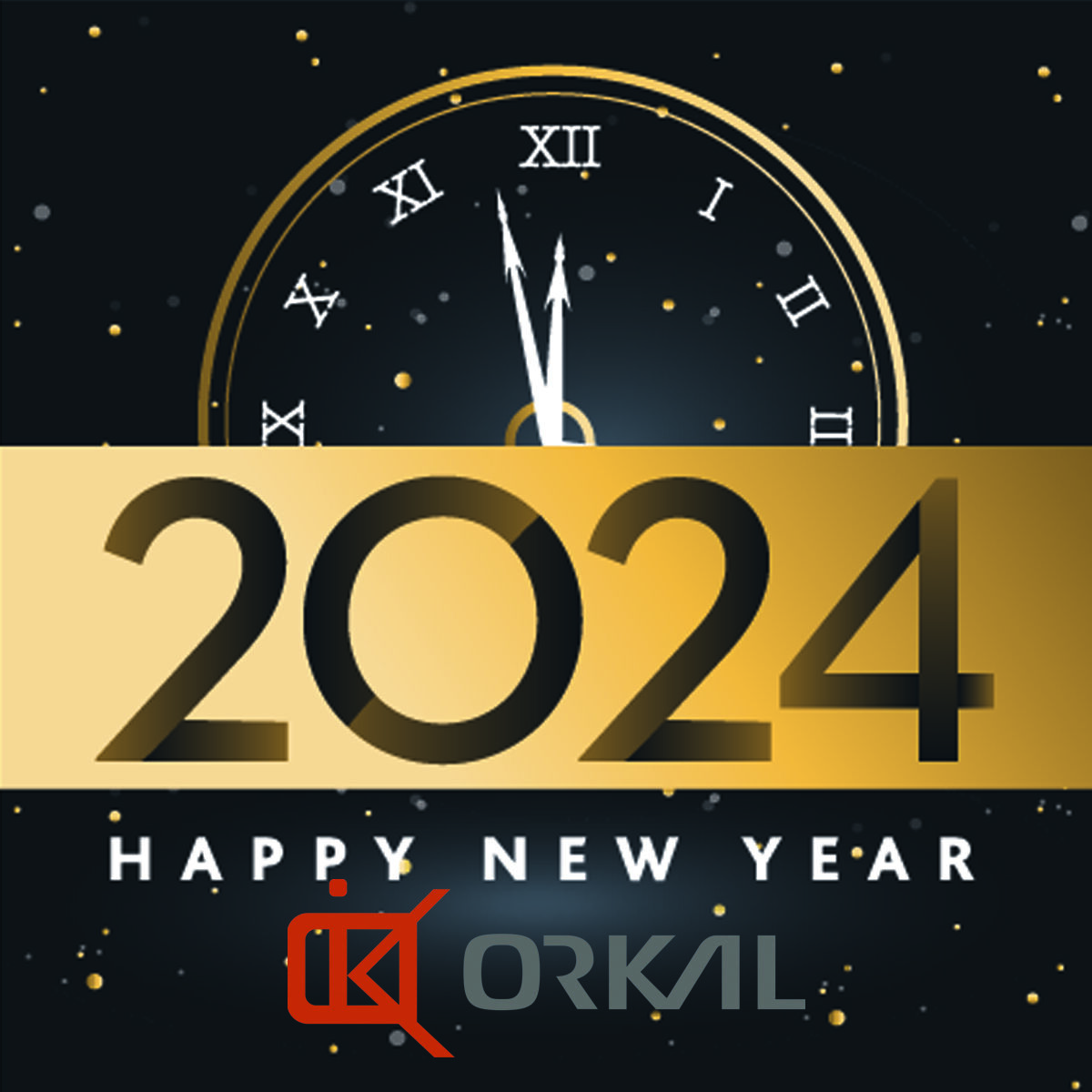New year 2024 celebration image featuring a clock striking midnight and text reading "happy new year 2024" with festive background.