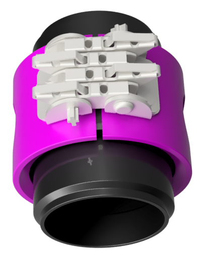 3D rendering of a purple and white mechanical device with performance couplings and a cylindrical base.