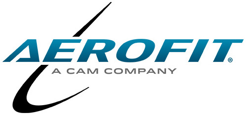Logo of aerofit, a cam company, featuring stylized text and a dynamic swoosh design.