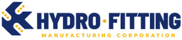 Logo of hydro-fitting manufacturing corporation, featuring blue text and a yellow and blue abstract design to the left.