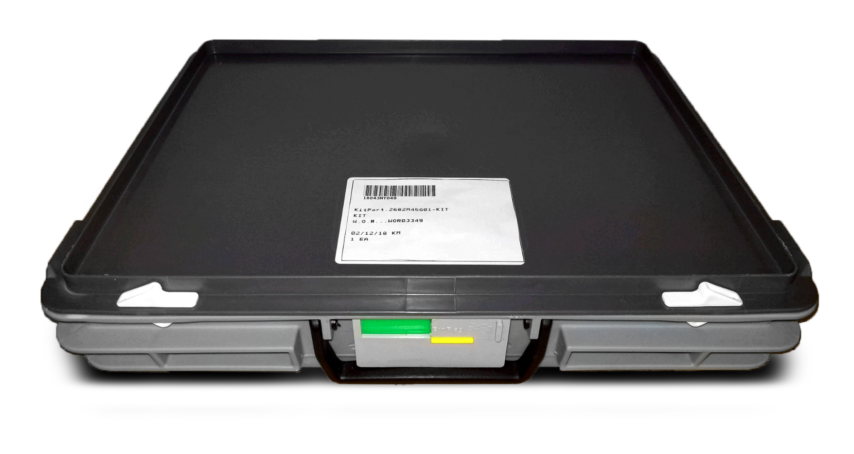 Orkal, Orkal Industries offers a robust, black hard-shell laptop case featuring green aviation-grade locking latches and aircraft grade barcode label.