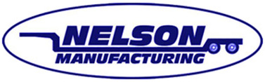 Logo of nelson manufacturing featuring blue text and an outline of a simple truck on the right, all encased in an oval border.