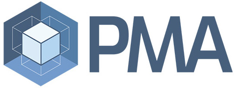 Logo featuring a stylized blue hexagonal box next to the letters "pma" in bold gray font.