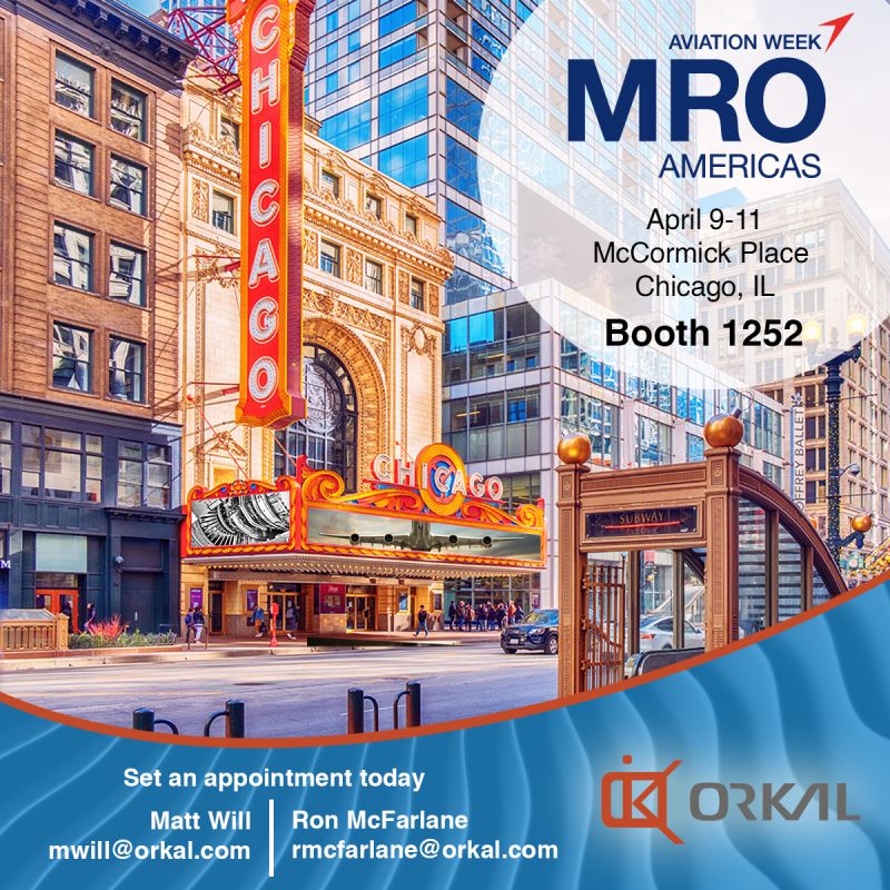 Promotional image featuring Chicago theater for 2024 MRO Americas event in Chicago with date and booth information, set against a city backdrop.
