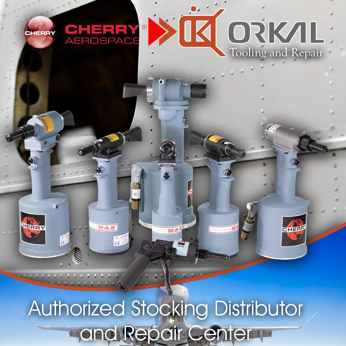 A promotional image featuring an array of cherry aerospace tools mounted on a metal background, with the Cherry Aerospace and Orkil logos, indicating an authorized distributor and repair center.