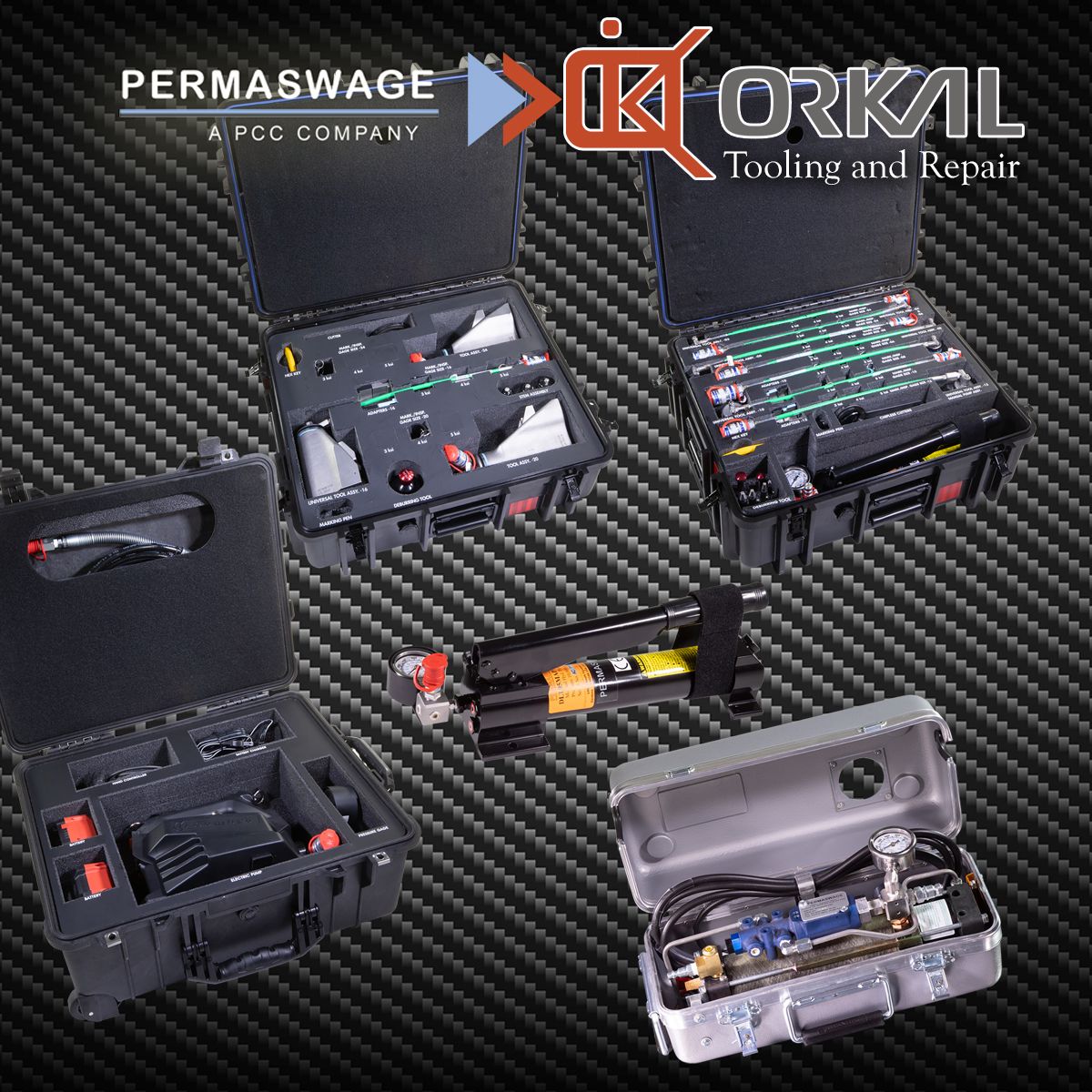 Various professional auto draft tool kits from permaswage and okval, displayed open and closed, showcasing tools like wrenches and fittings on a patterned background.
