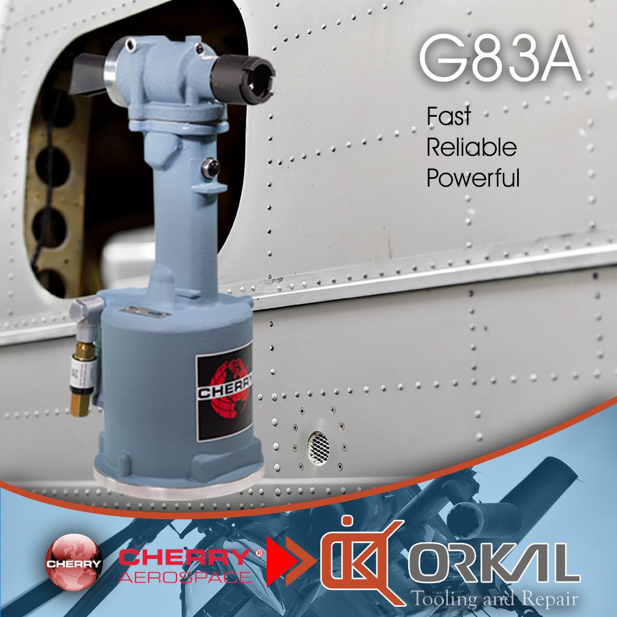 An industrial rivet gun labeled "g83a" by Cherry Aerospace, mounted near an airplane fuselage with auto draft, and described as fast, reliable, and powerful.
