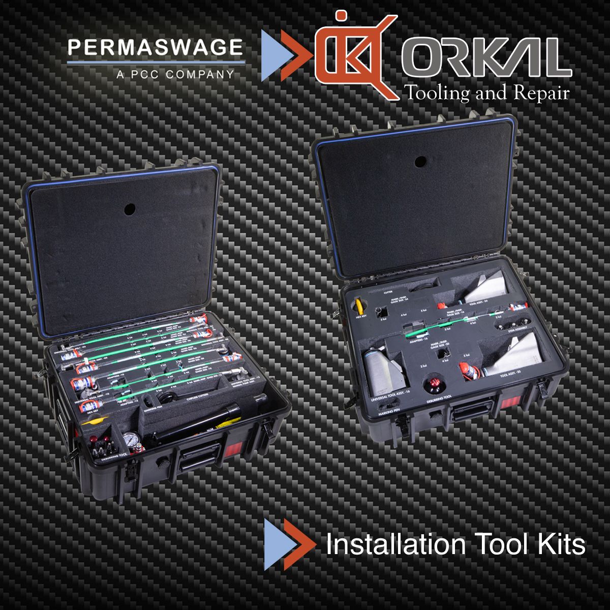 Auto Draft: Two permaswage installation tool kits by Orkal, displayed open to reveal various tools inside, set against a textured dark background.