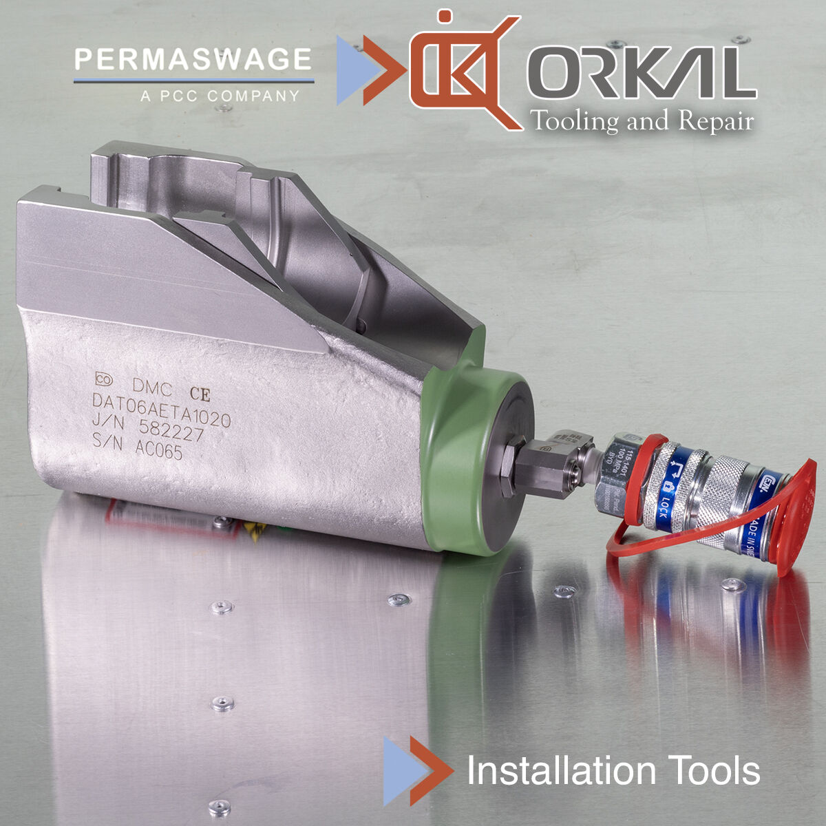 Orkal, Orkal Industries' aerospace-grade auto draft tooling, quality aviation repair solutions showcased with Orkal adhesive." 

"Aircraft-grade metallic Orkal tool with attached component reflecting quality and precision in fluid transfer systems."

"Orkal's image of logistic-suited auto draft tool, adhesive tube signifies strong commitment in compliance and supply chain."

"With Orkal logo on display, metallic auto draft tool represents expertise in aerospace assembly and superior aircraft repair services.