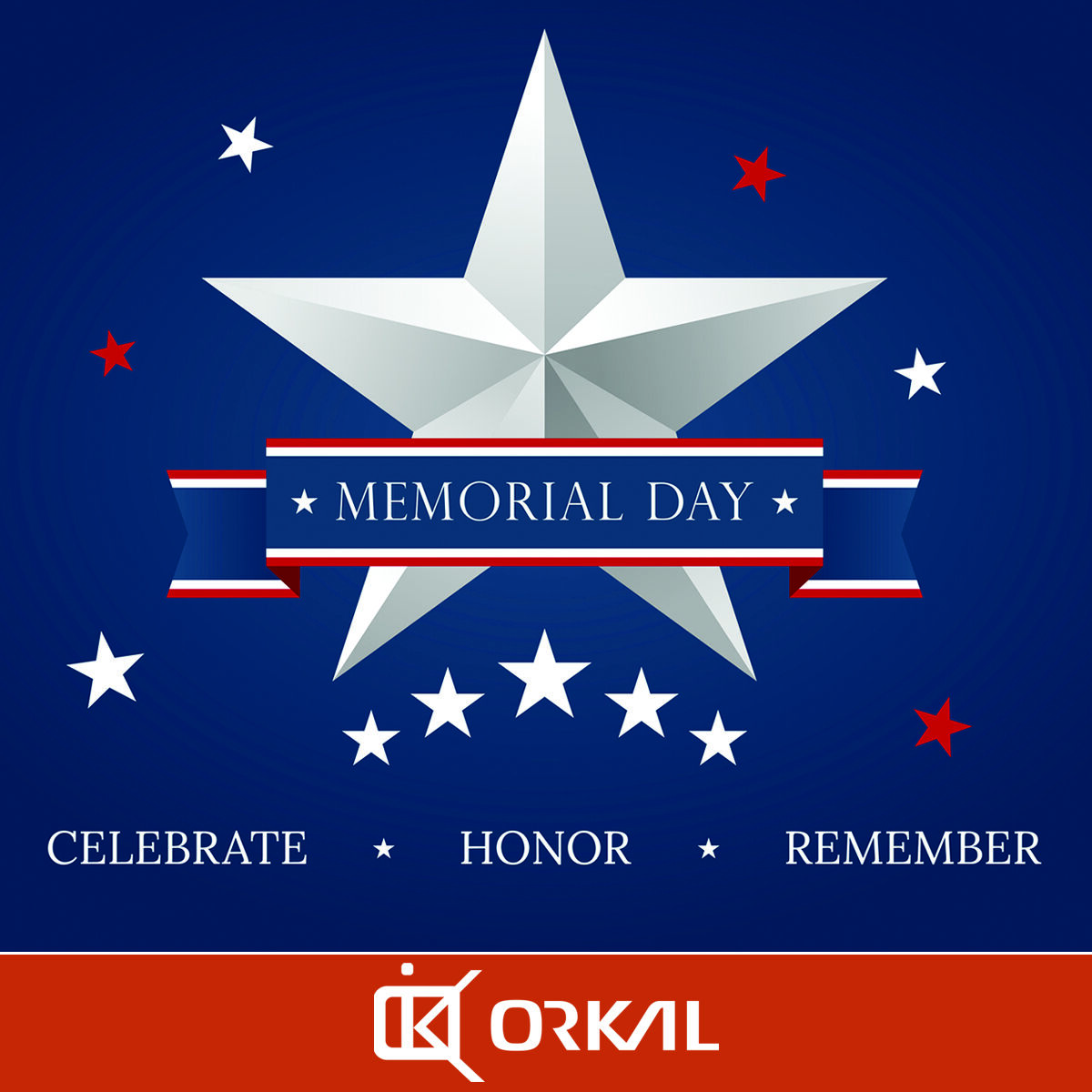 Orkal, Patriotic Memorial Day graphic with a large silver star, red, white, and blue ribbon, and smaller stars against a blue background.
***
Text: "Memorial Day" and "Celebrate, Honor, Remember."
***
Orkal Industries logo at bottom.
Auto Draft services proudly support this remembrance day.
Fittings | Tooling | Repair | Logistic Support
Aerospace Quality Fluid Transfer Systems 
Aircraft Grade Compliance
Assembly Solutions