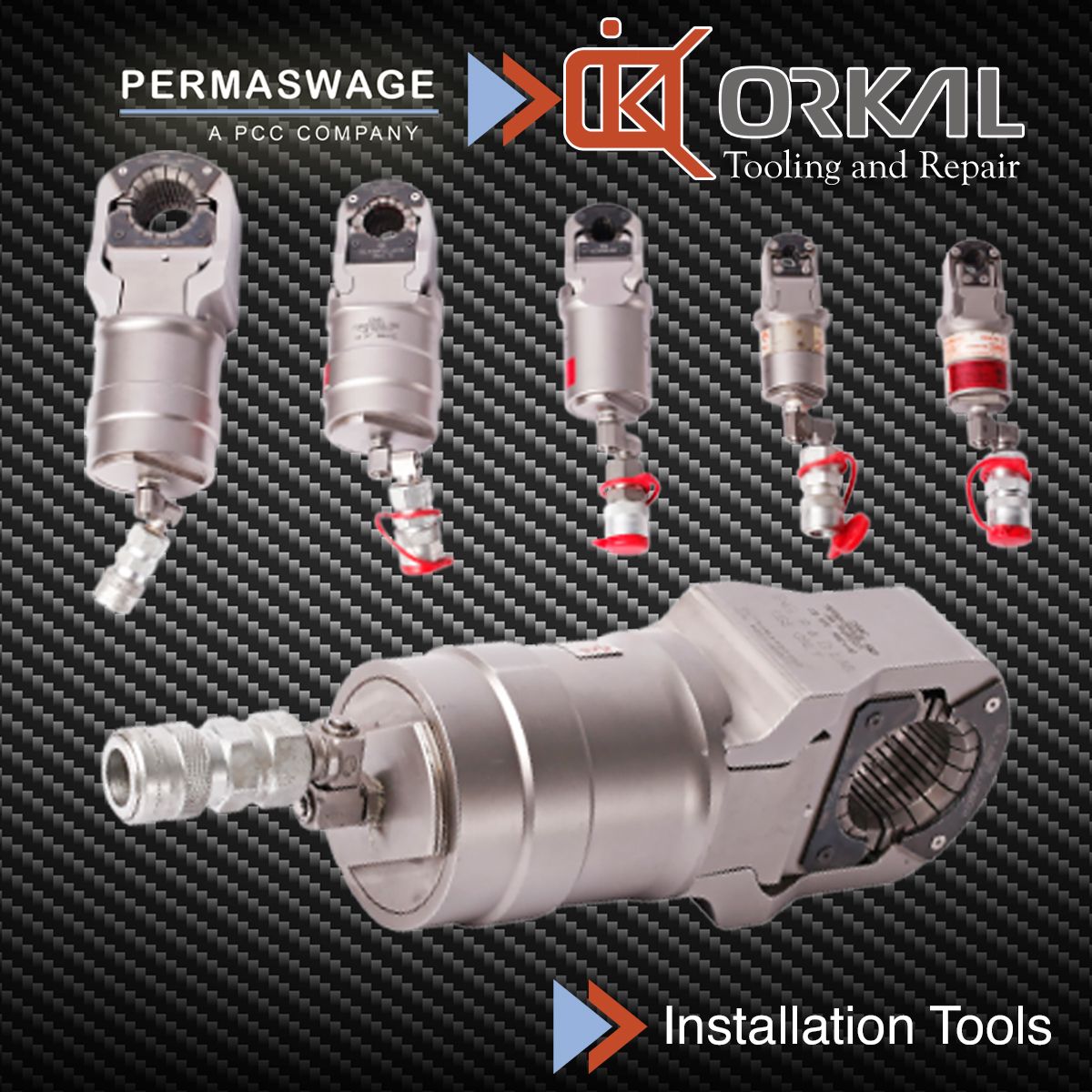 Orkal, Aircraft-grade installation tools on carbon fiber texture, featuring Permaswage fittings & Orkal Industries Tooling and Repair, Assembly Solutions.