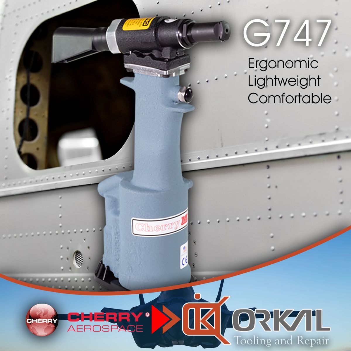Orkal, Cherry Aerospace G747: Ergonomic, Lightweight Pneumatic Tool. Ideal for Aircraft Fittings. Endorsed by Cherry Aerospace, Orkal Industries & Auto Draft.
