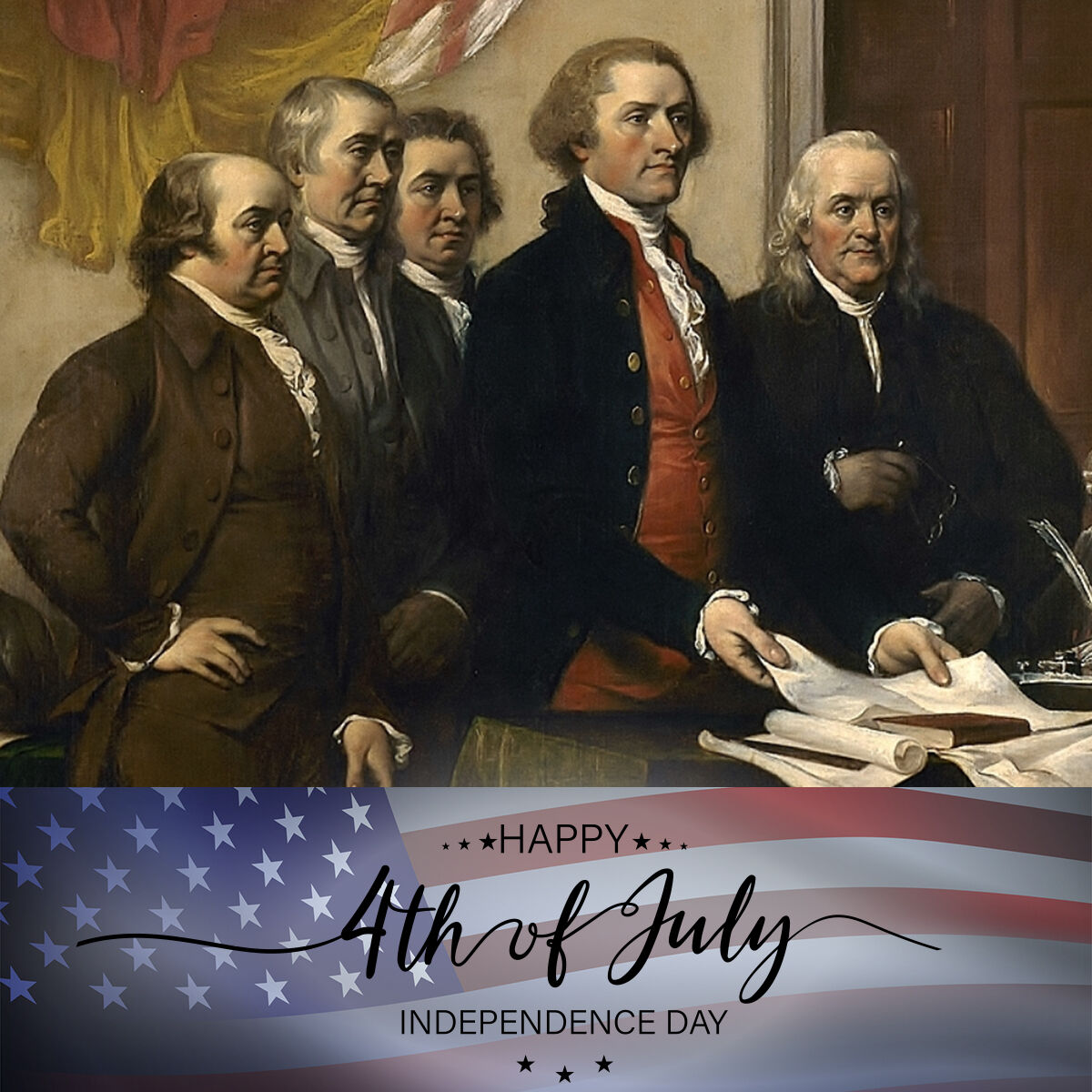 Orkal, A Painting of Founding Fathers presenting the Declaration, with "Happy 4th of July" on an American flag banner below, combining Orkal Industries' precision fittings and aerospace tooling, complete with logistics support and compliance.