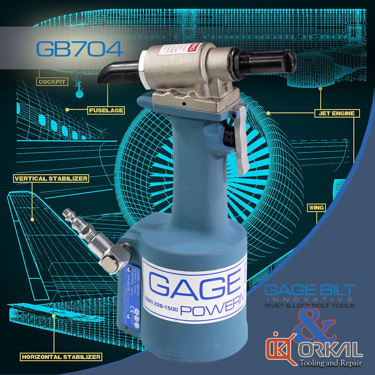 Orkal, Orkal Industries: GB704 Rivet & Lockbolt Tool. Aircraft Grade Precision. Assembly Solutions, Repair, Compliance in Aerospace Fluid Transfer Systems.

Gage Bilt & Okorek Innovation. Gage Power and Auto Draft Precision, Ensuring Superior Quality and Logistic Support for Aviation Needs.