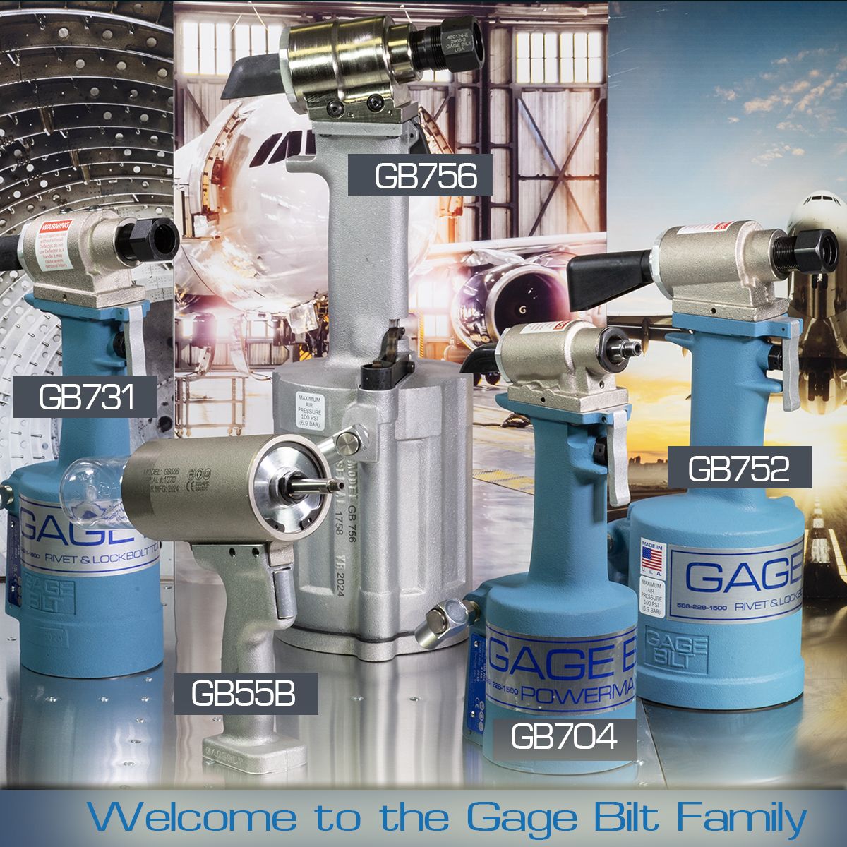 Orkal, **A display featuring several pneumatic tools labeled GB731, GB55B, GB756, GB704, and GB752 with aircraft parts in the background.**

Text at the bottom reads: 

**"Welcome to Orkal Industries—Your Trusted Aerospace Assembly Solutions. Premier Tooling & Repair for Fluid Transfer Systems."**