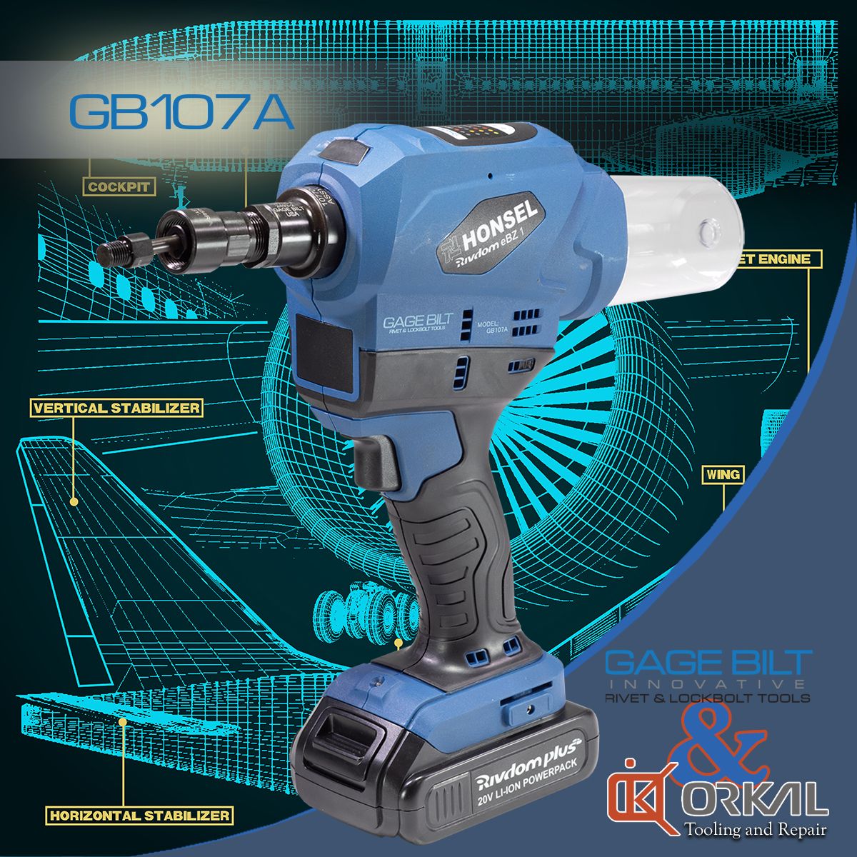 Orkal, Orkal Industries presents the blue Honsel GB107A RivdomPlus+ cordless rivet tool, featuring aerospace-grade precision and compliance.