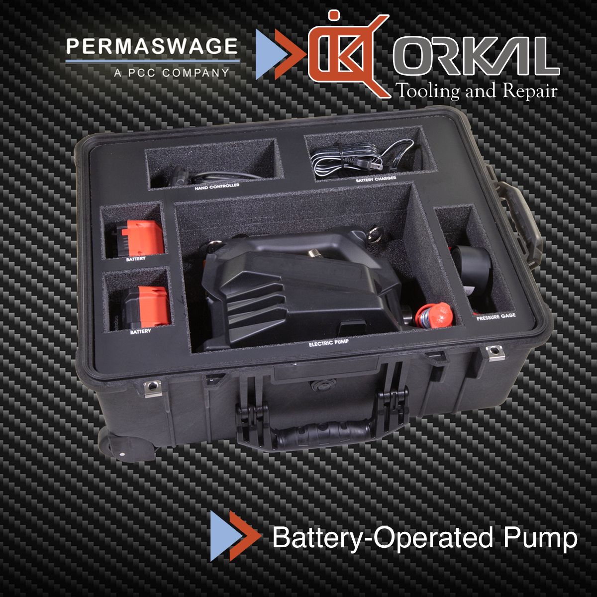 Orkal, A portable ORKAL Industries case houses a battery-operated pump with PERMASWAGE branding, engineered for precision in aircraft fluid transfer systems.