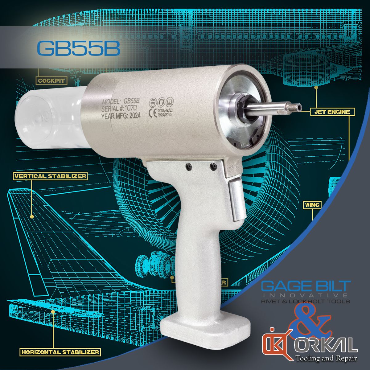 Orkal, Orkal Industries' GB55B aircraft-grade rivet and lockbolt tool; specs, repair services, compliance in aerospace fluid systems.