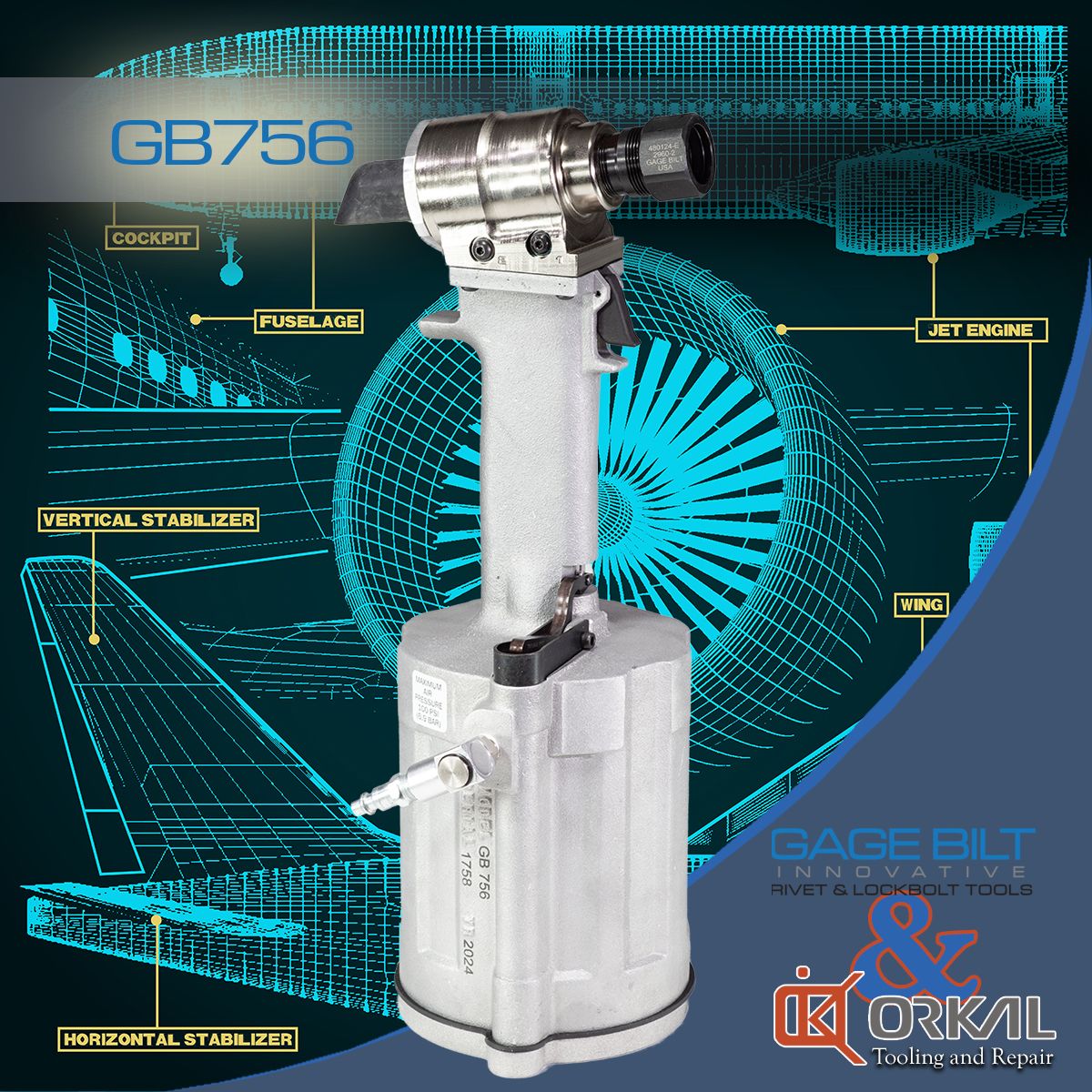 Orkal, Gage Bilt pneumatic tool epitomizes aerospace precision, backed by Ikorak Tooling's repair and Orkal's assembly solutions for aircraft compliance.