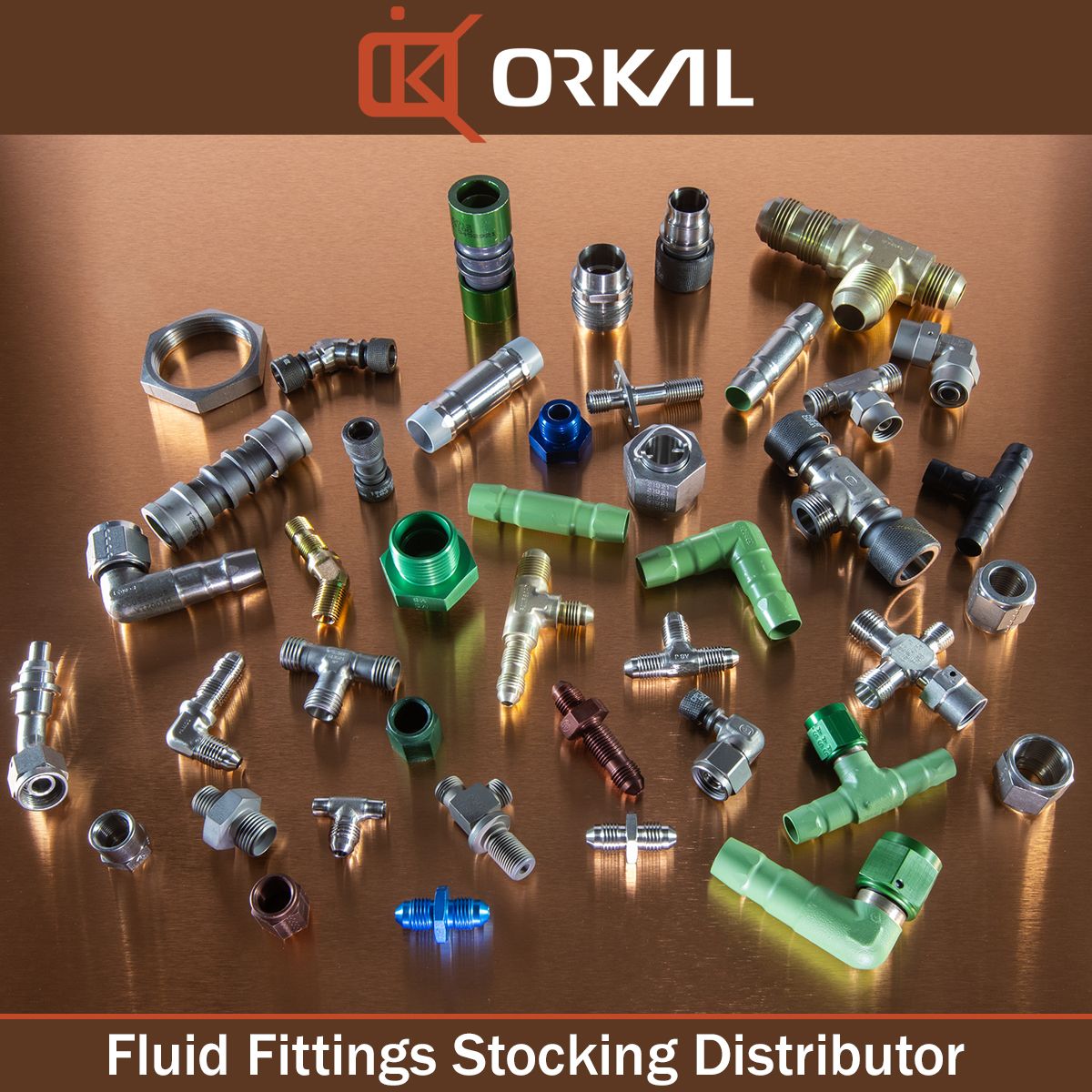 Orkal, Assorted aircraft-grade fluid fittings shine. ORKAL Industries: Aerospace Quality, assembly solutions, tooling, repair & logistic support for seamless compliance.