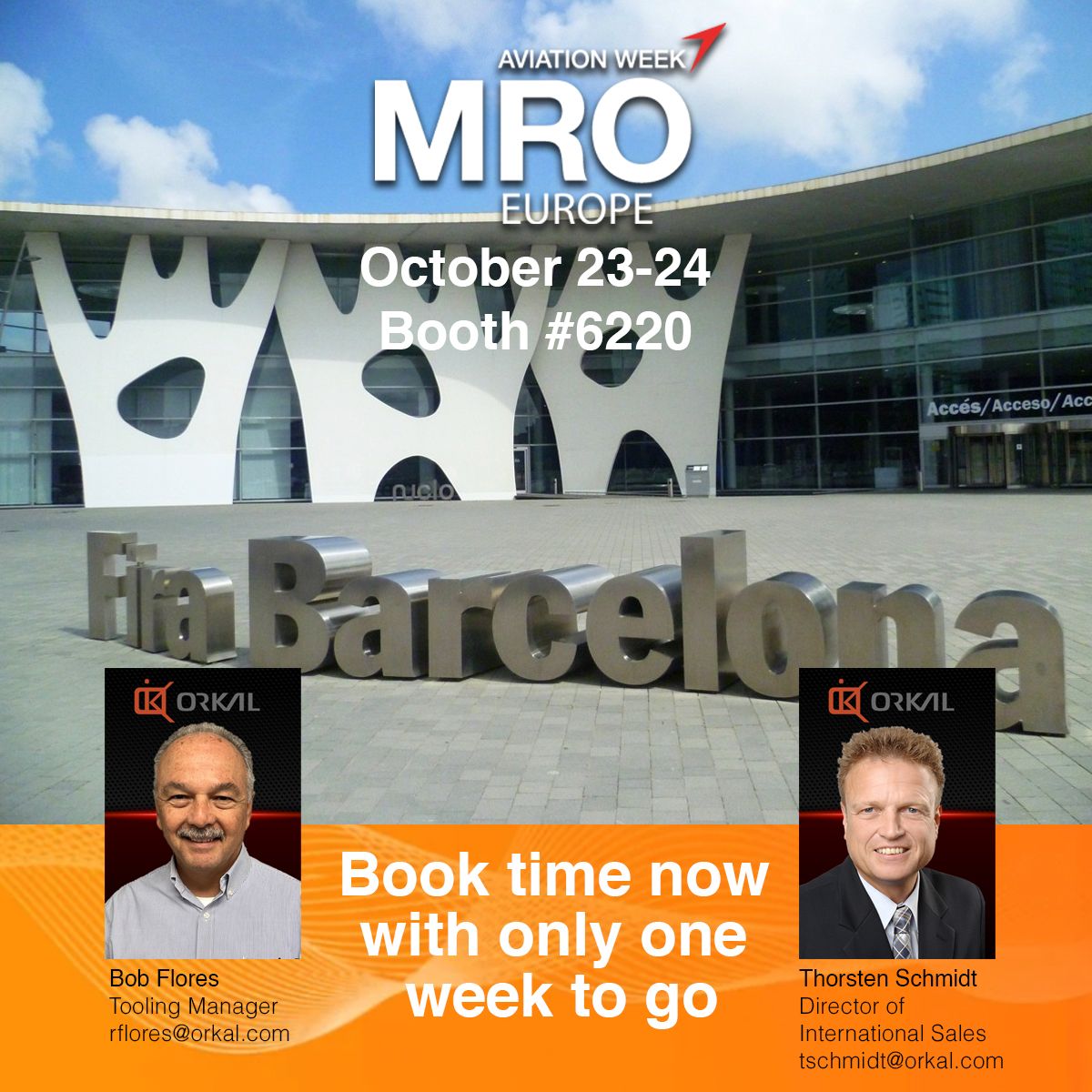 Orkal, Meet Orkal Industries reps at MRO Europe, Fira Barcelona, Oct 23-24. Discover aerospace-grade fittings, tooling & repair solutions.